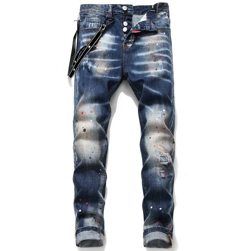 High Quality Popular Custom Design Medium Blue Washed Denim Ripped Jeans For Men