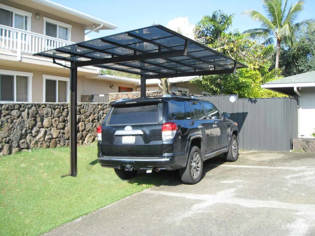Large aluminum carport canopy with solid PC board roof for two cars