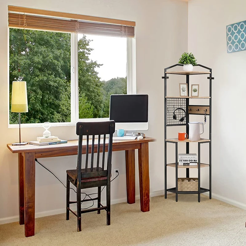 5-layer corner metal frame storage rack office wooden industrial style bookshelf bookcase
