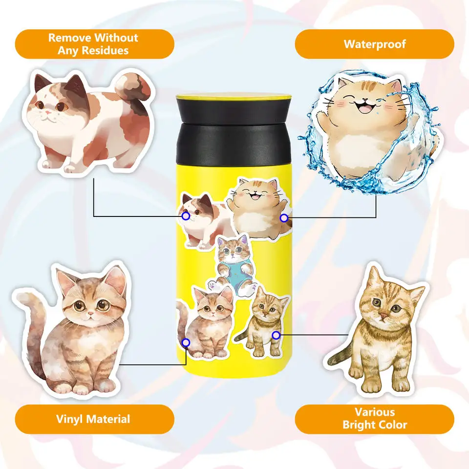 50Pcs Cute Plain Color Kitten Pet Graffiti Stickers For Bottle Notebook Laptop Waterproof Kawaii Kitty Sticker