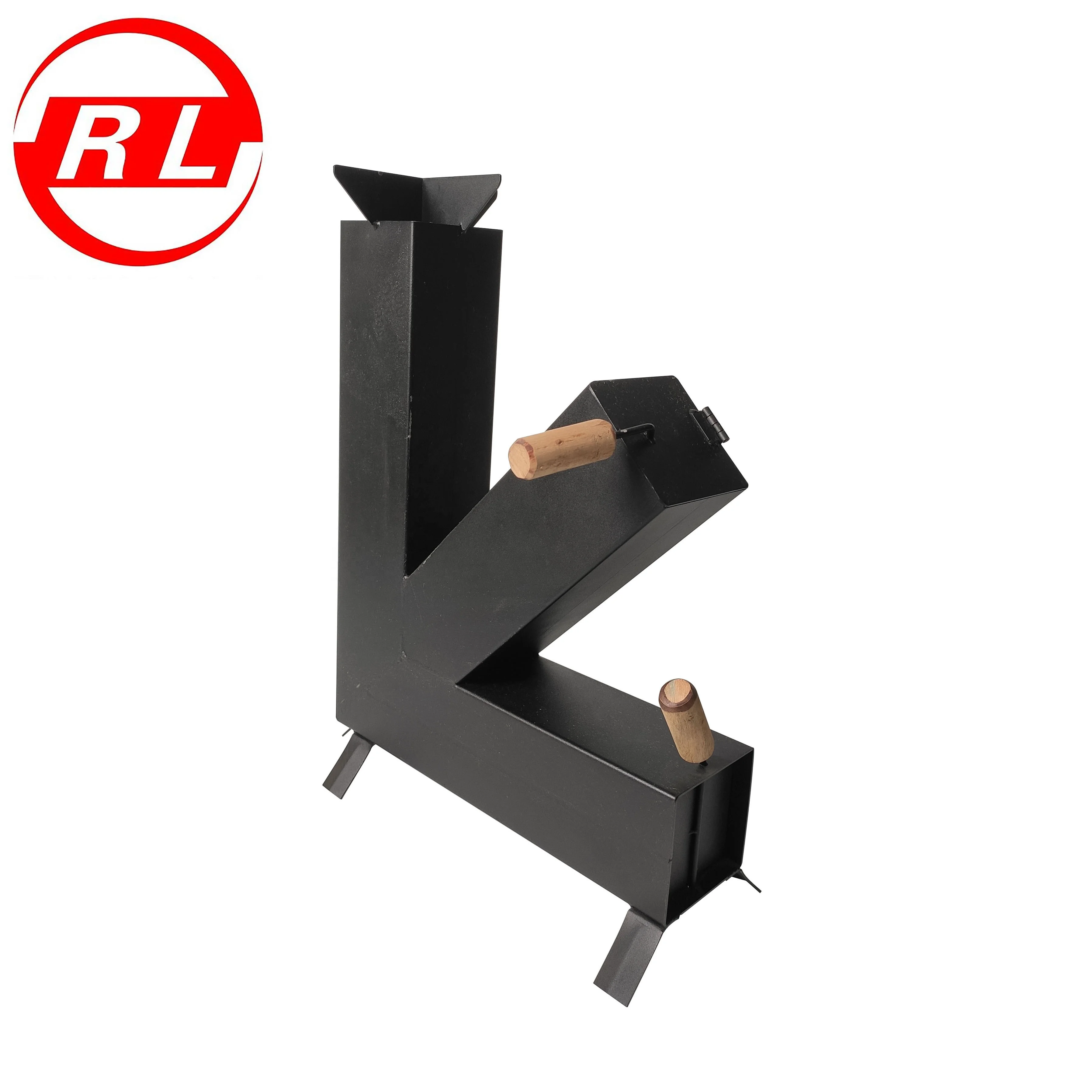 Stainless Steel Rocket Stove Loaded With Split Wood In The Vertical Chamber