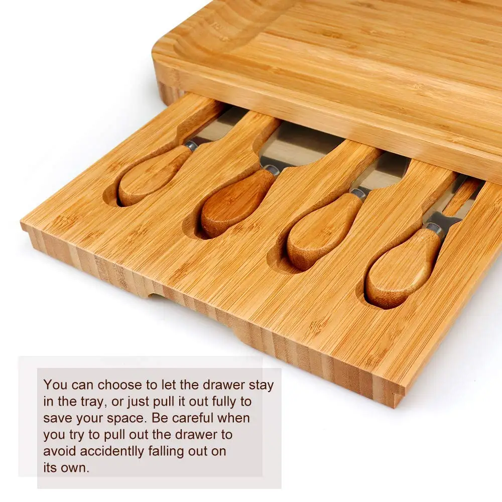 Best sell Large Bamboo Cheese Cutting Plates Board Set and Knife Set With Hidden Slide Drawers Wood Charcuterie Platter Board