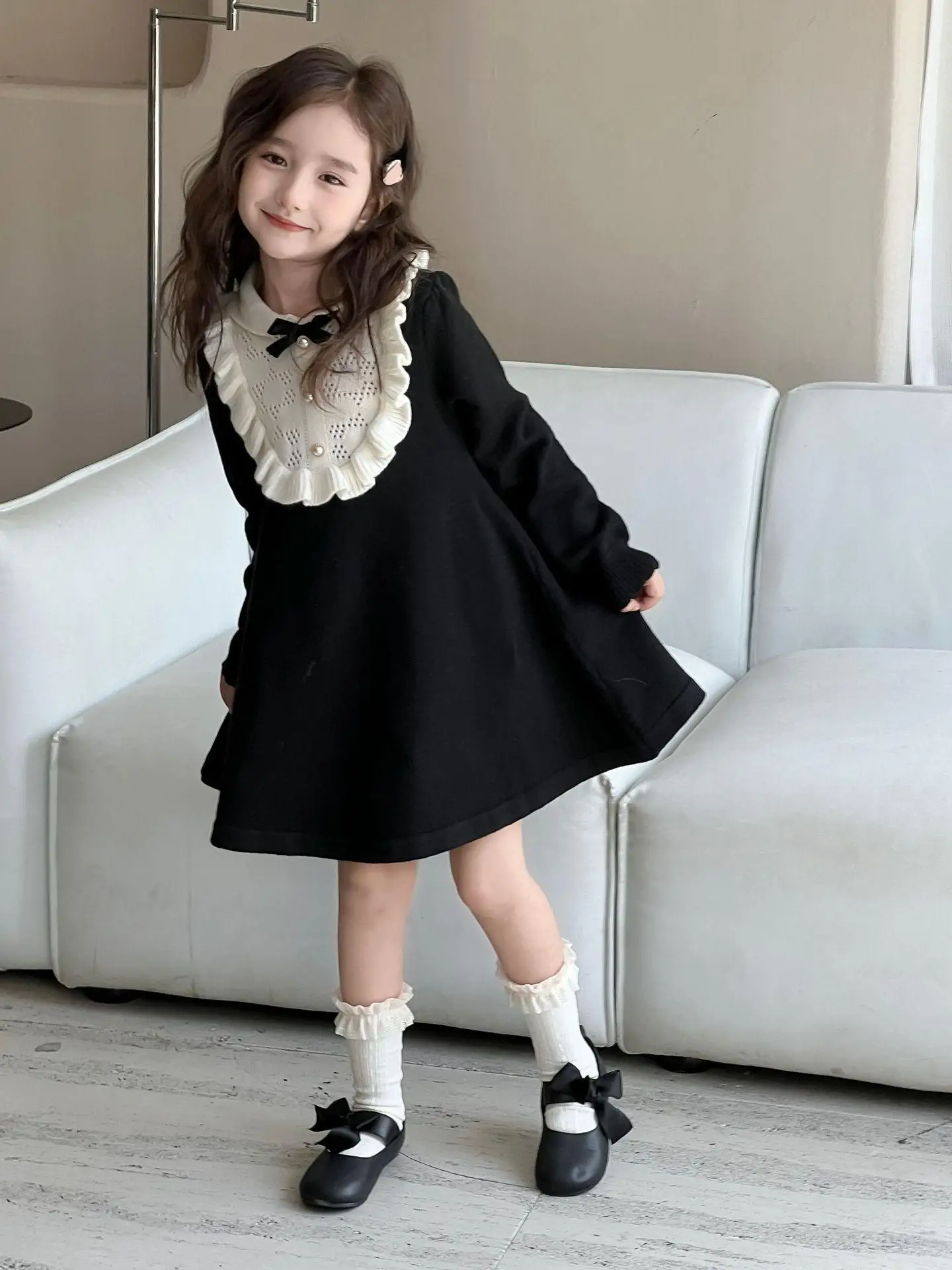 0669 autumn winter design little baby girls knitted dress infant toddler kids princess ruffles dress clothing wholesale