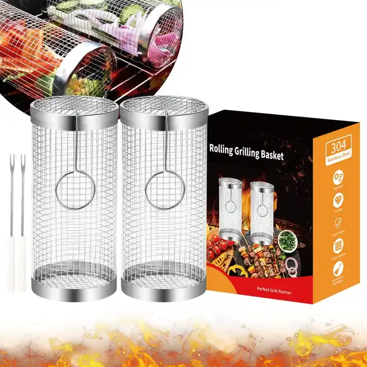 WONDERFUL BBQ cage round barbecue basket outdoor BBQ smoking cage Rolling Grilling Basket