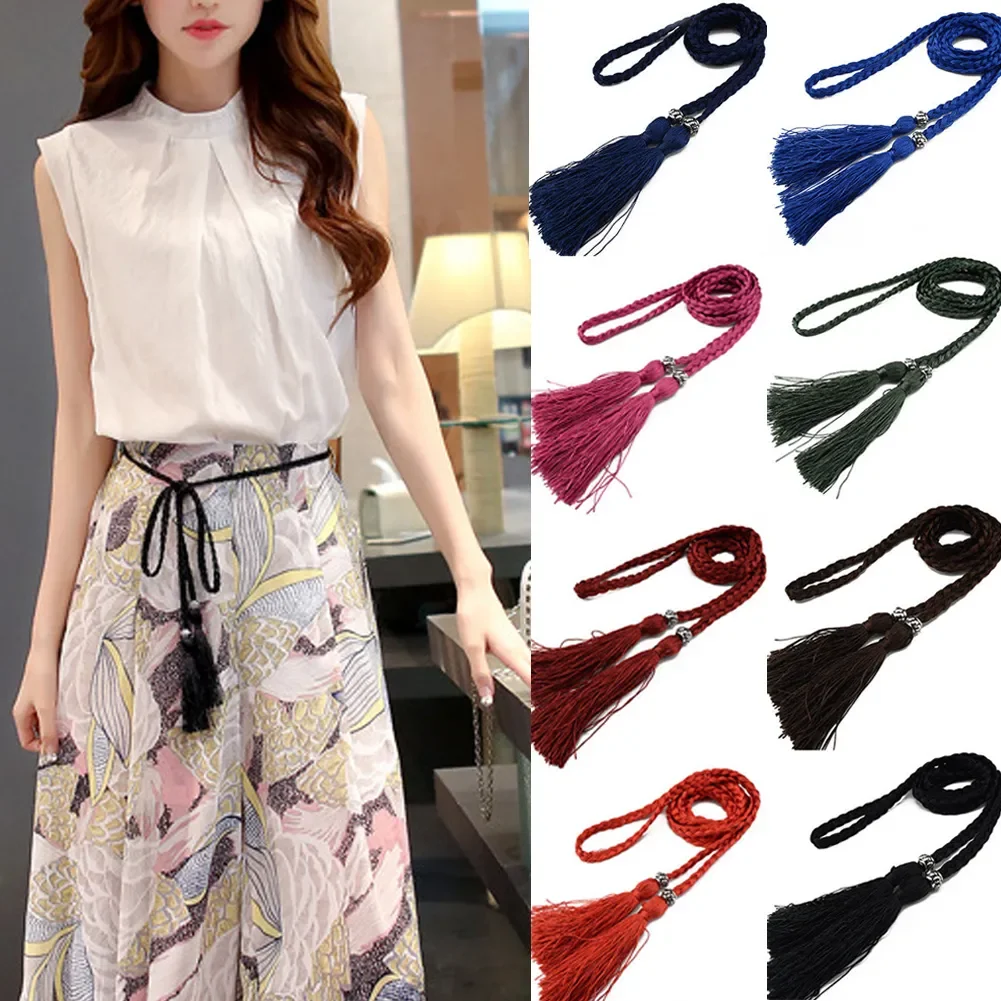 Chinese Braided Style Woven Tassel Belt Knot Decorated Waist Chain Boho Girls Waist Thin Rope Waistbands Dress Accessories