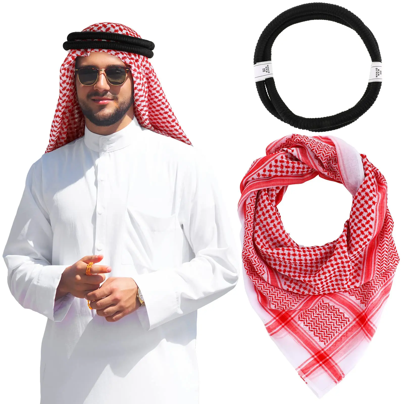 Arab Dubai Turban Shemagh Muslim Keffiyeh Head Wrap Scarf Arabic Tactical Desert Headwear with Aqel Rope Yashmagh Hijab