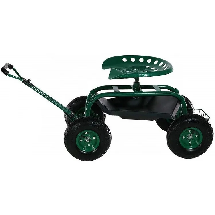Steel Tray Outdoor Utility Garden rolling work seat cart with Telescoping Handle