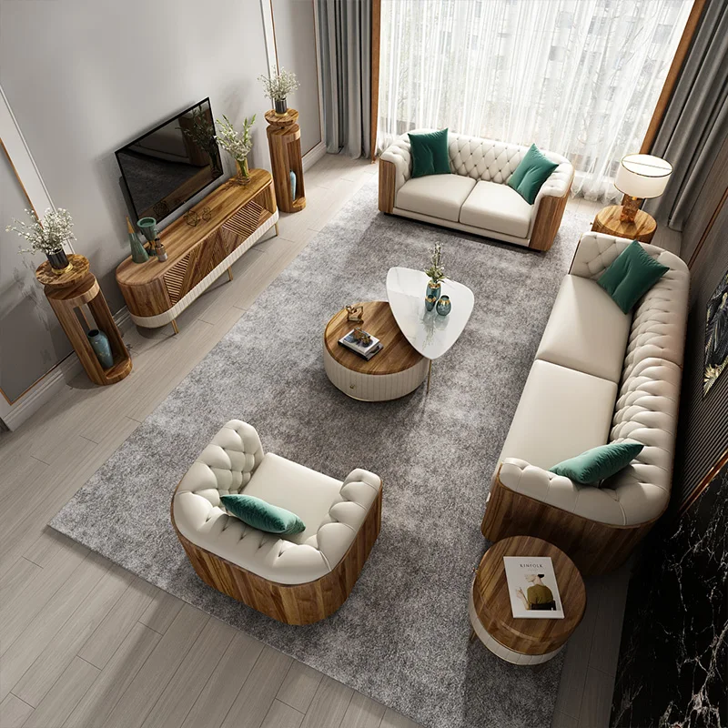 MIDOSO Italian minimalist sofa set living room furniture leather solid wood combination sofa