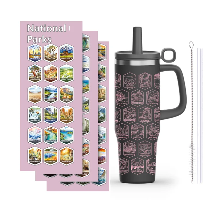 Travel Coffee Vacuum Stainless Steel Handle National Parks Tumbler with Stickers Cup Mugwith Lid and Straw