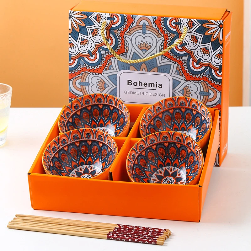 Bohemian Style Colorful Small Cereal Bowls Ceramic Porcelain Serving Bowls with Chopsticks Set of 4