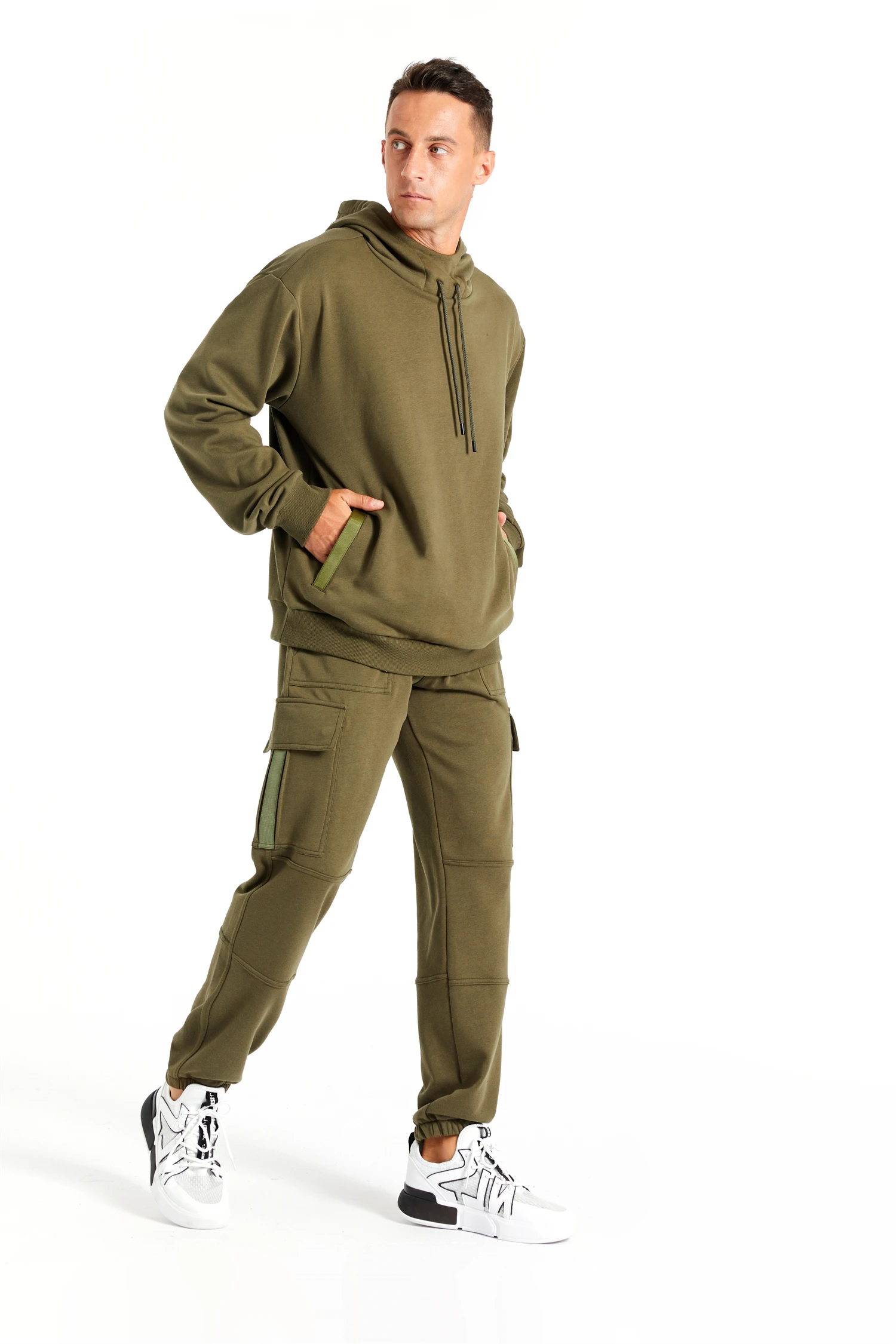 Custom Design 260GSM 100% Cotton Army Green Jumper Sports Style Long Sleeve Plus Size Men Hoodie