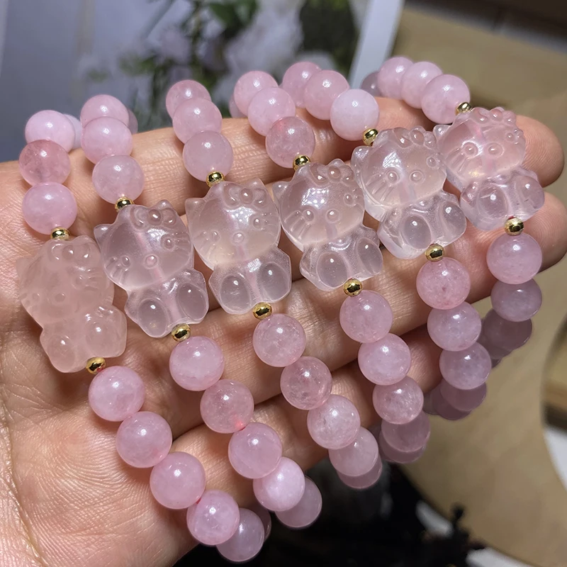 Bulk Wholesale Multi Natural Gemstone Crystal Kitty Bracelet Spiritual Healing Rose Quartz Hello Kitty Crystal Bracelets