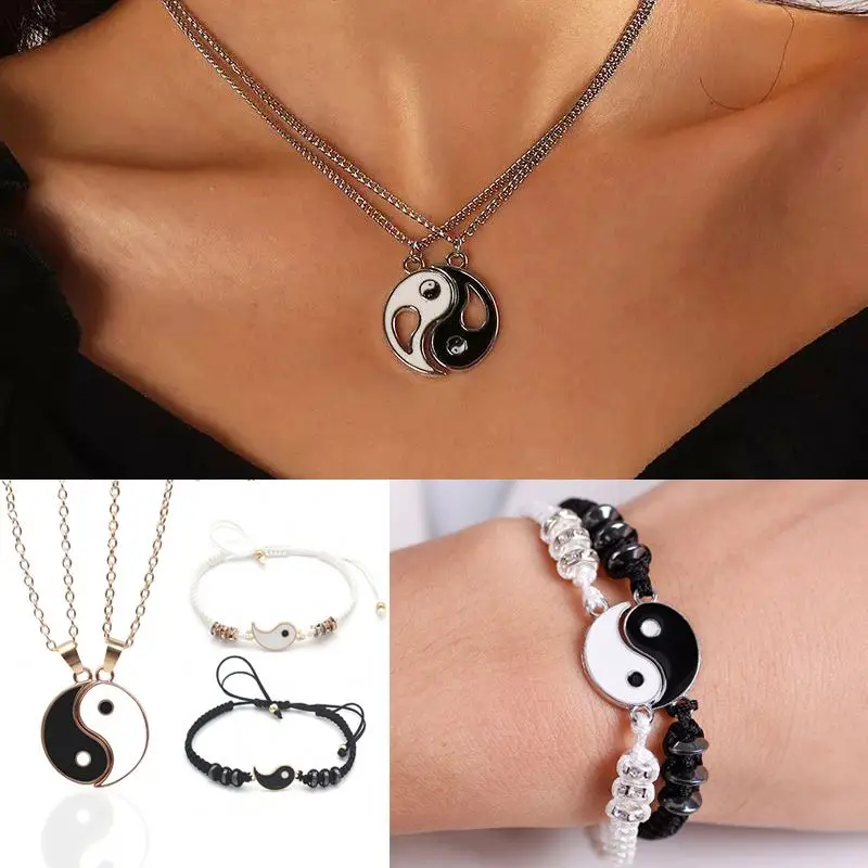 1 Set Tai Chi Yin Yang Paired Pendants Charms Braided Chain Couple Couple Bracelet and Necklaces For Women Men Best Friends