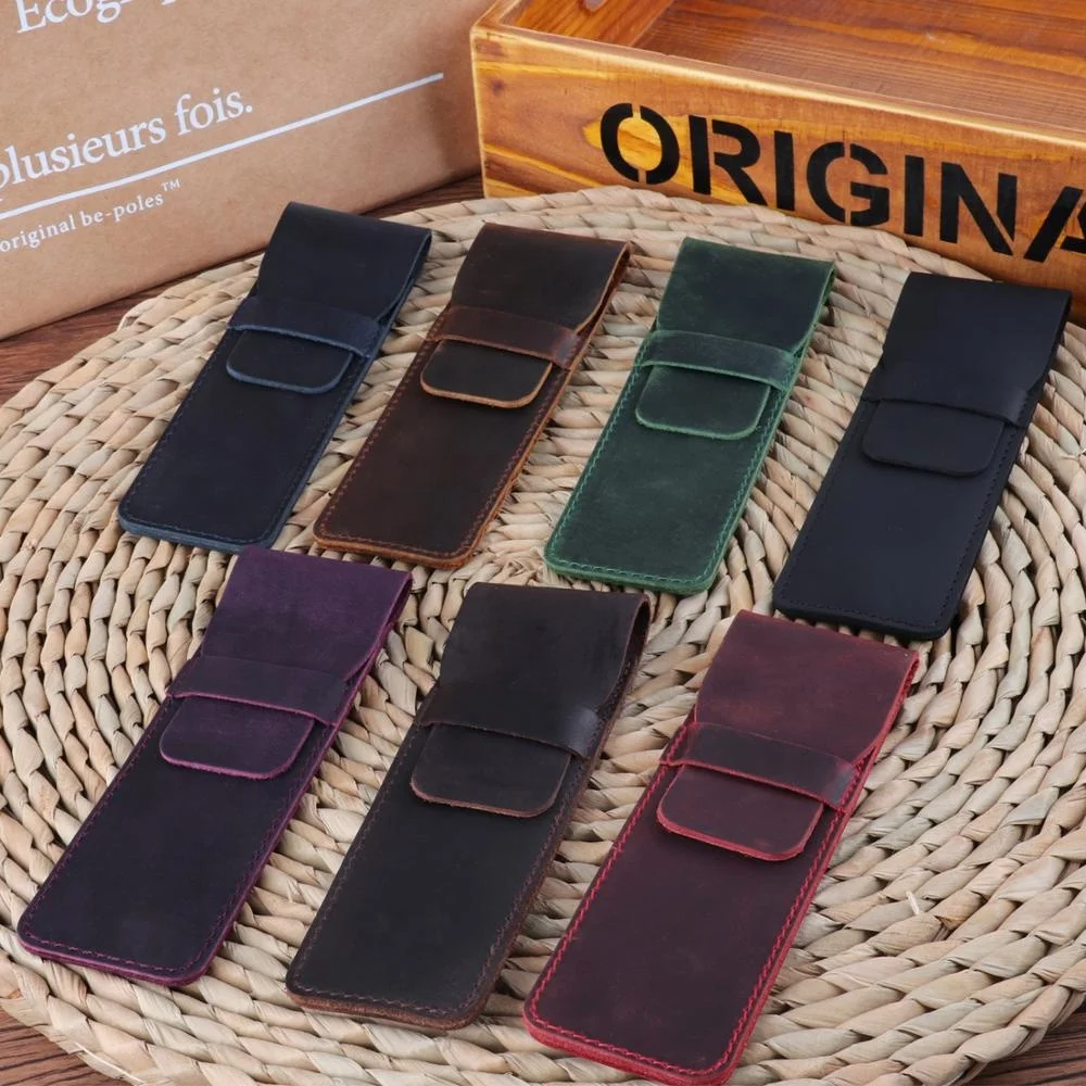 In Stock Hot Sell Leather Pencil Case Holder Handmade Fountain Multi Pens Pouch Crazy Horse Leather Pen Protective Sleeve Cover