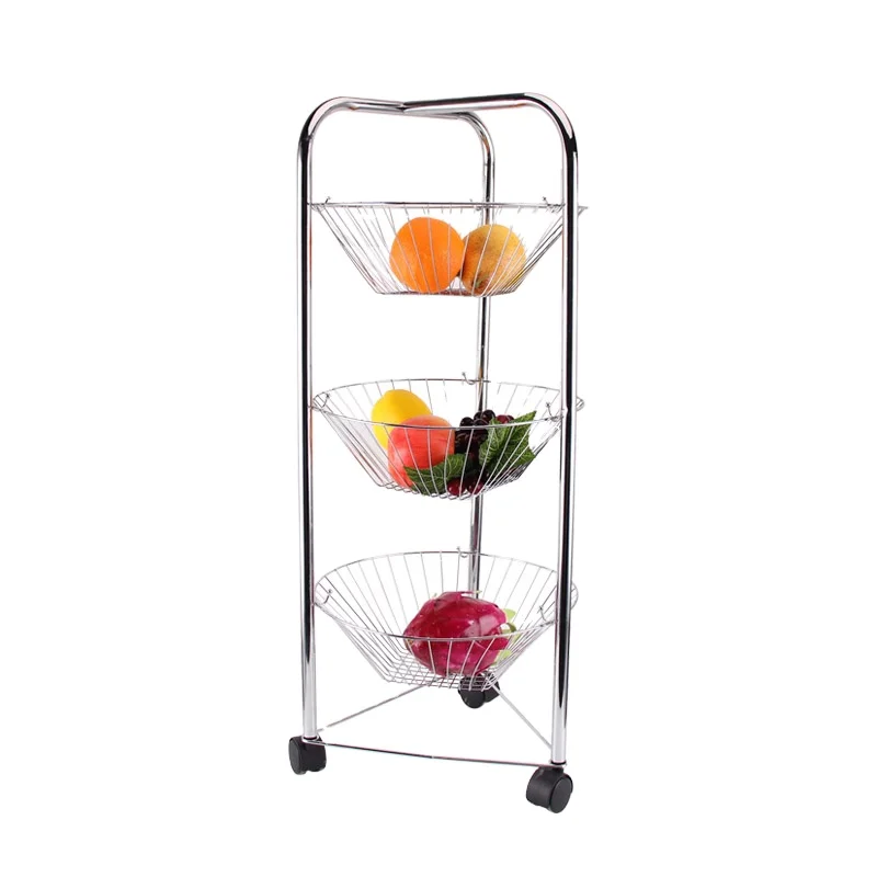 Mesh Cart 3 Tier Vegetable Fruit Basket Kitchen Storage Chrome-plated Trolley