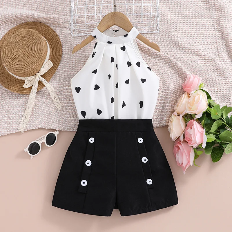 2024 Summer Children Girls Fashion Clothing Love Heart Halter Vest Shorts Two Piece Suit Wholesale Teen Clothes