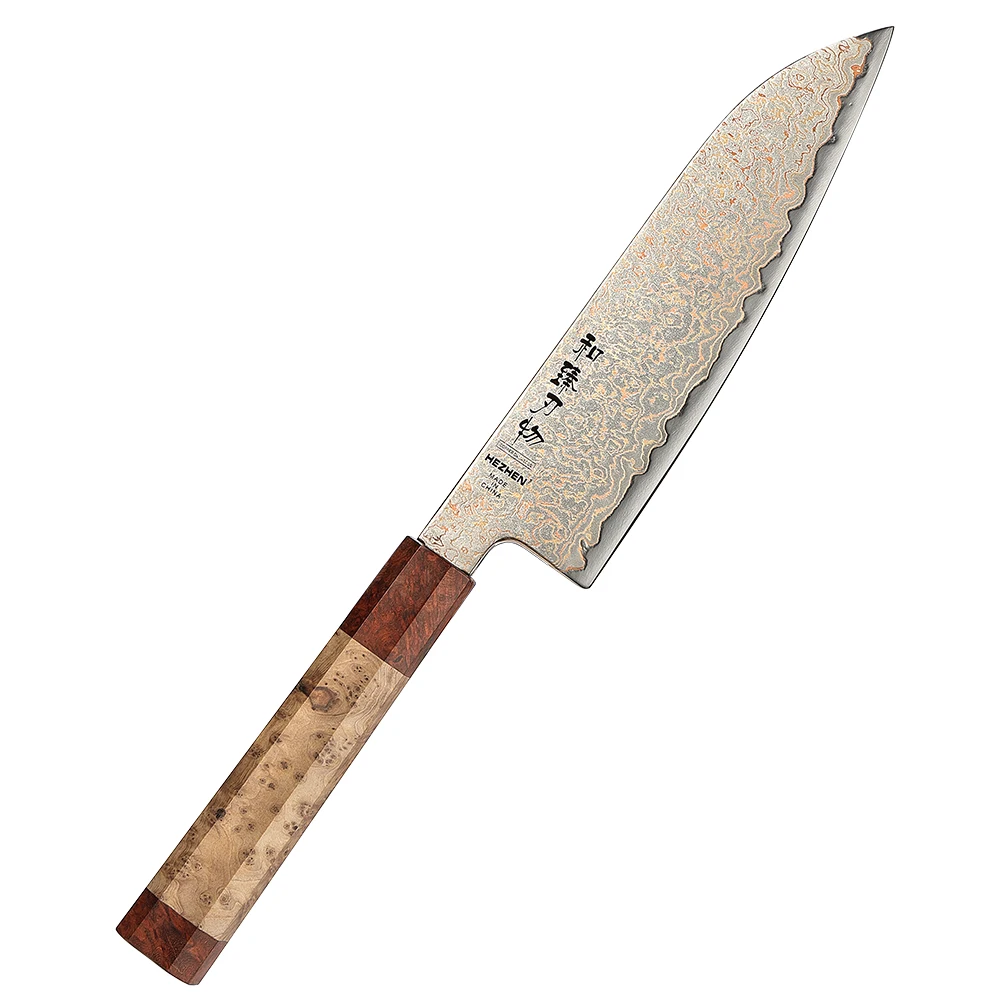 XINZUO New Luxury Santoku Knife Customized Copper Damascus Steel Tricolour Wooden Handle Sharp Kitchen Knives