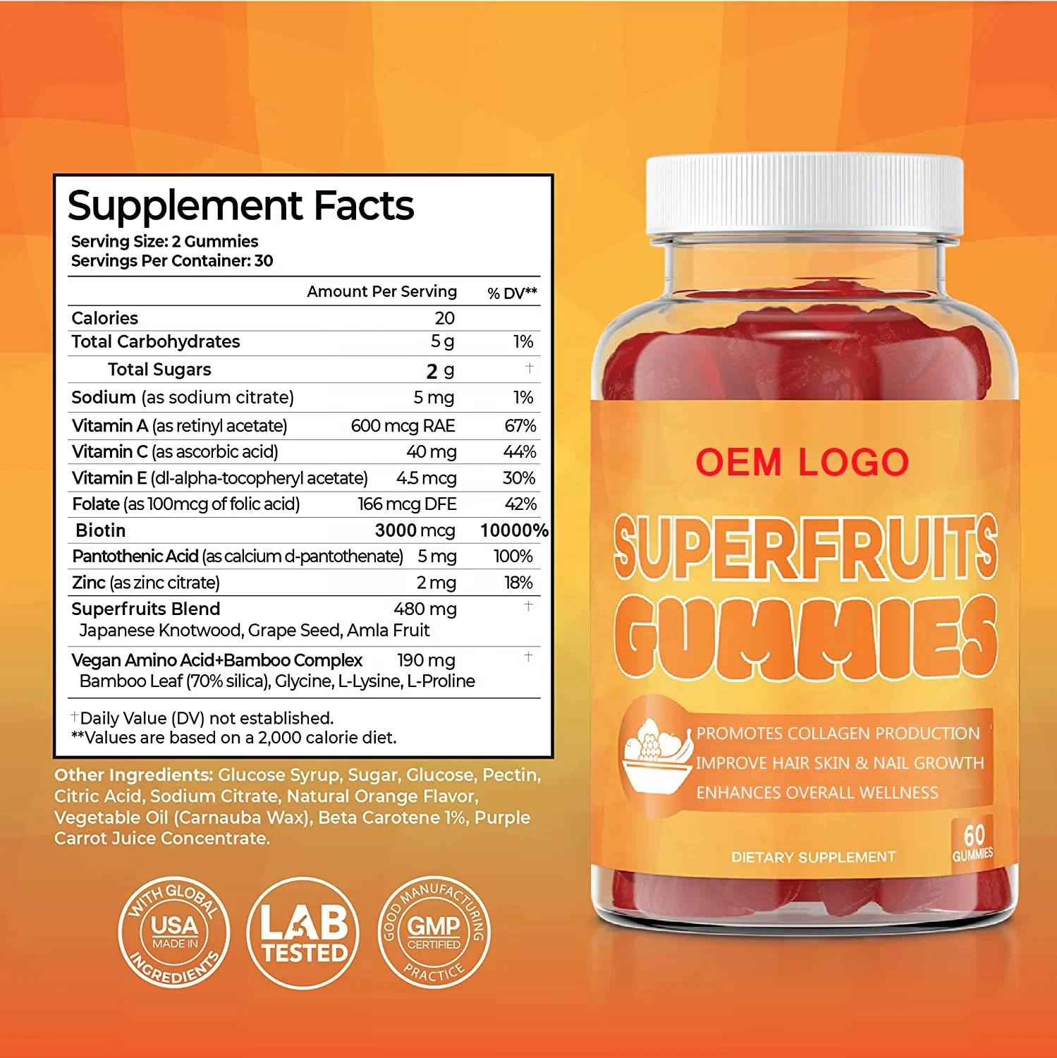 Vegan SuperFruits Gummies with Biotin Vitamins for Collagen Formation for Hair Skin Nails Wrinkles Available in Capsule Powder