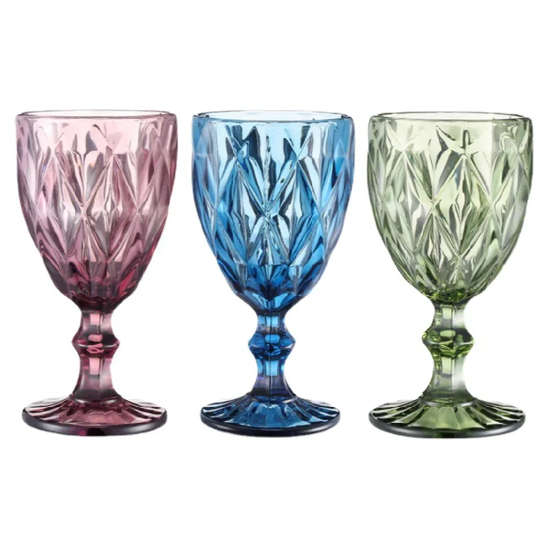 High Quality Embossed Stem Glass Goblet 300ml Vintage Wine Glass Alcohol Customizable Logo Stylish Colored Drinking Parties