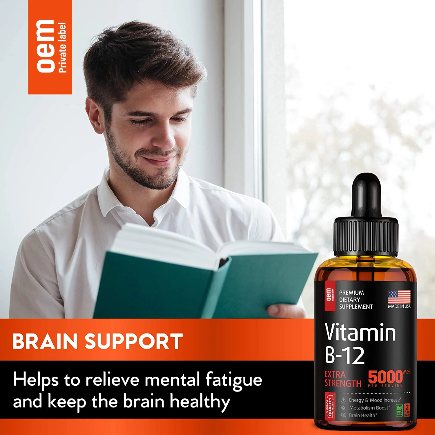 OEM Vitamin B12 Liquid Drops Sublingual 5000mcg Methyl & Methylcobalamin Supplements for Women and Men, Mood & Energy Booster