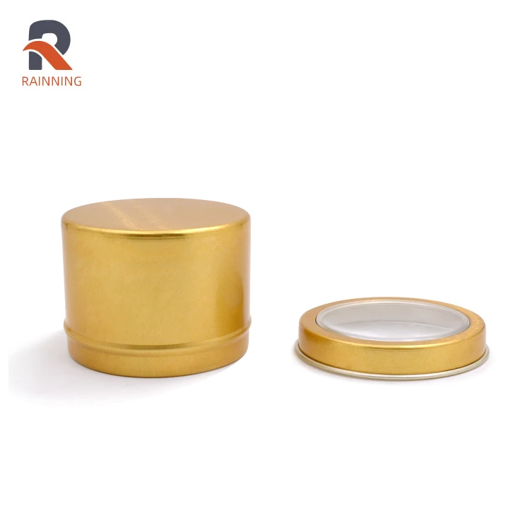 Food grade 100ml airtight metal tea container Gold color screw top round tea tin can with PVC window aluminum jar