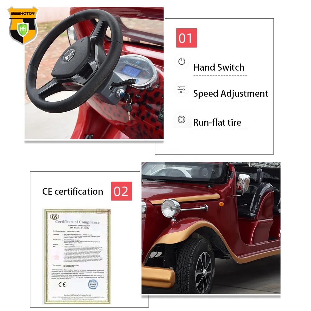 Oldtimer Car 14 Seat 72V Retro Sedan Car Vintage Electric Cheapest Golf Cart Classic Electric Car