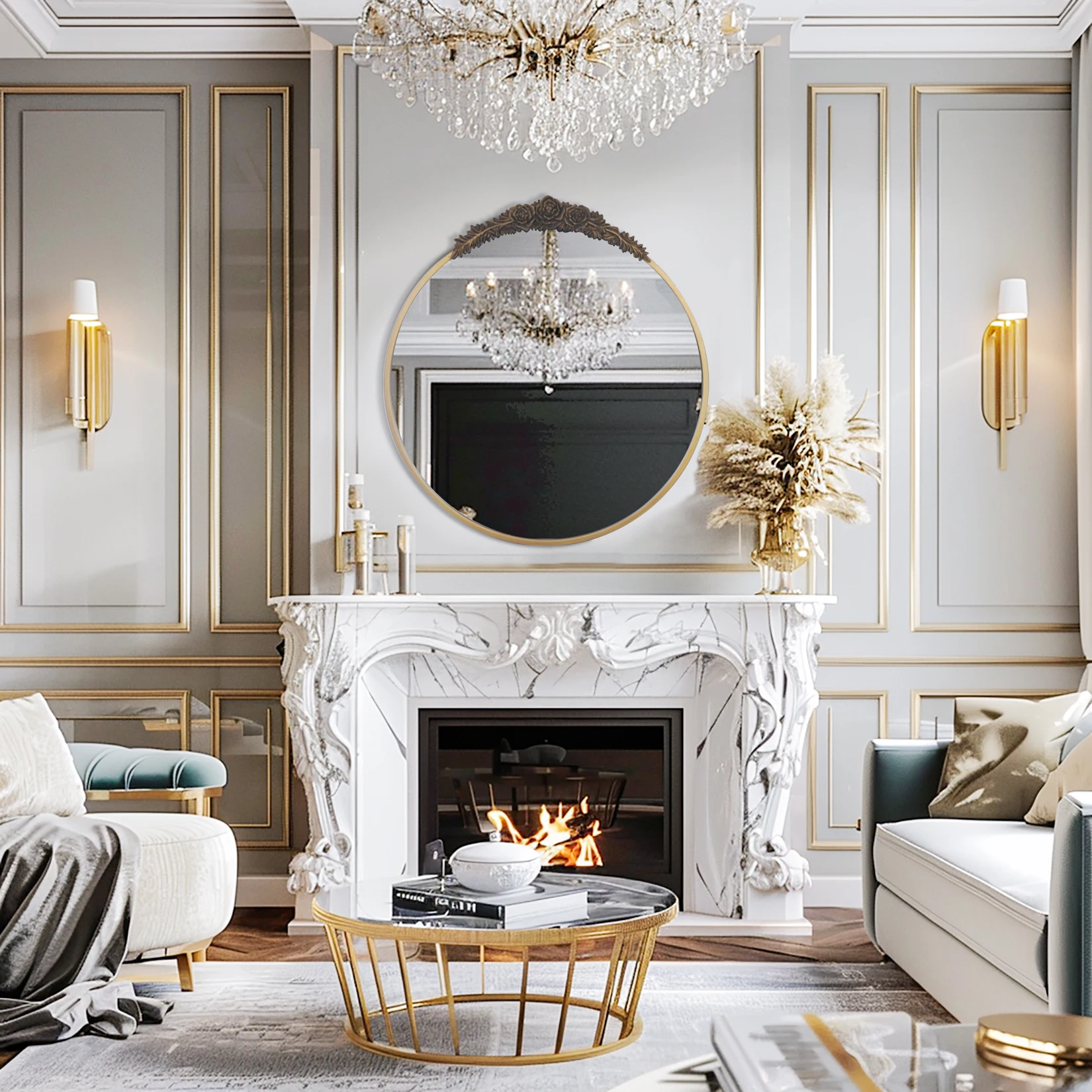 Antique Wall Mirror Round Vintage Baroque Brass Mirror Metal Frame Antique Glam Round Wall Mirror for Entryway,Living Room