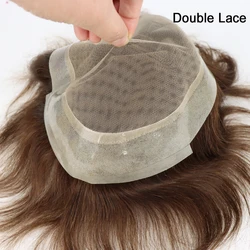 Australia Men Toupee Double Lace With Pu Around Brown Color 100% Indian Human Hair Replacement System Glue Wigs For Men Toupee