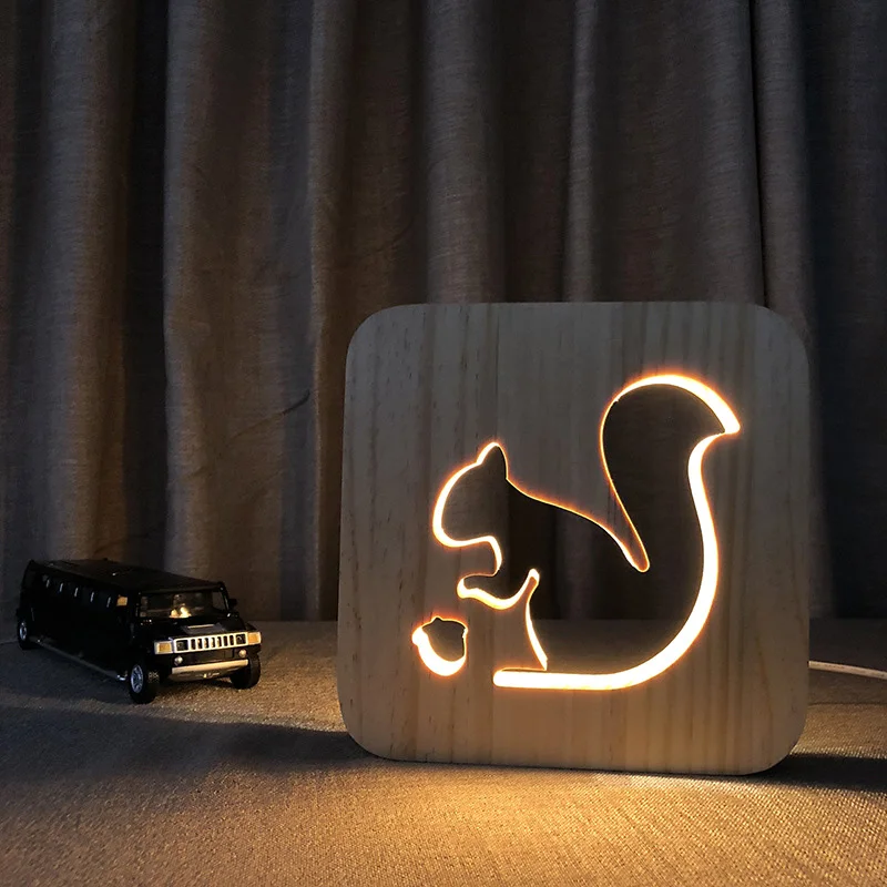 
Personality Creative Decorative Lamp Cartoon Animal Solid Wood Hollow 3D Night Light 