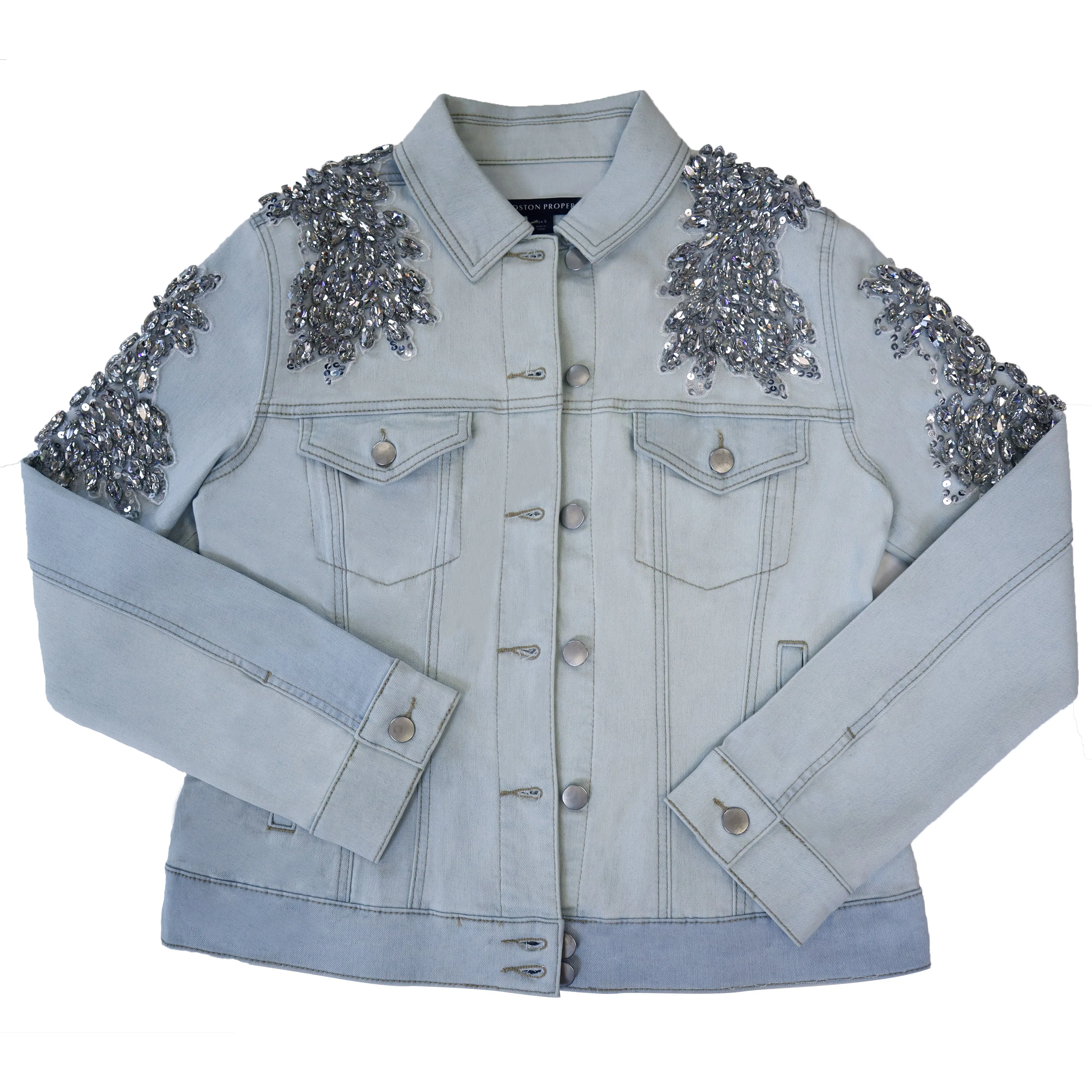 custom women ladies Sequin Patches pearl beading denim jacket shoulders fallen for women
