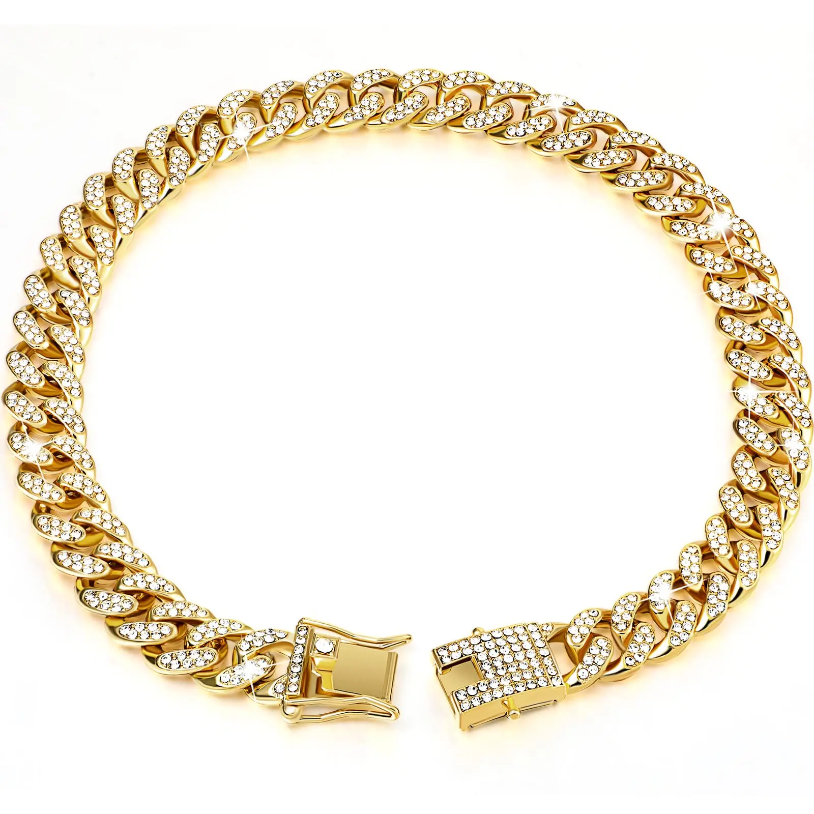 16/20m Dog Chain Diamond Cuban Collar Jewelry Accessories with Design Secure Buckle Gold Diamond Dog Collar With Dog Head Buckle
