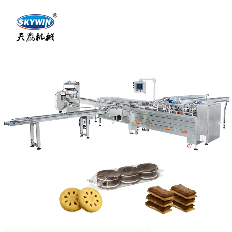 Two Lanes one colors Sandwich Biscuit Machine connect 380 Flow Packing Machine And Star Wheel Stacker Packing Table