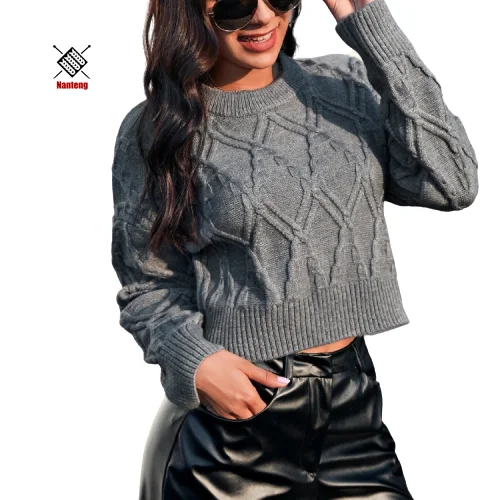 
Custom OEM Simplee Drop Shoulder Ribbed Solid Sweater Crop Top Women 