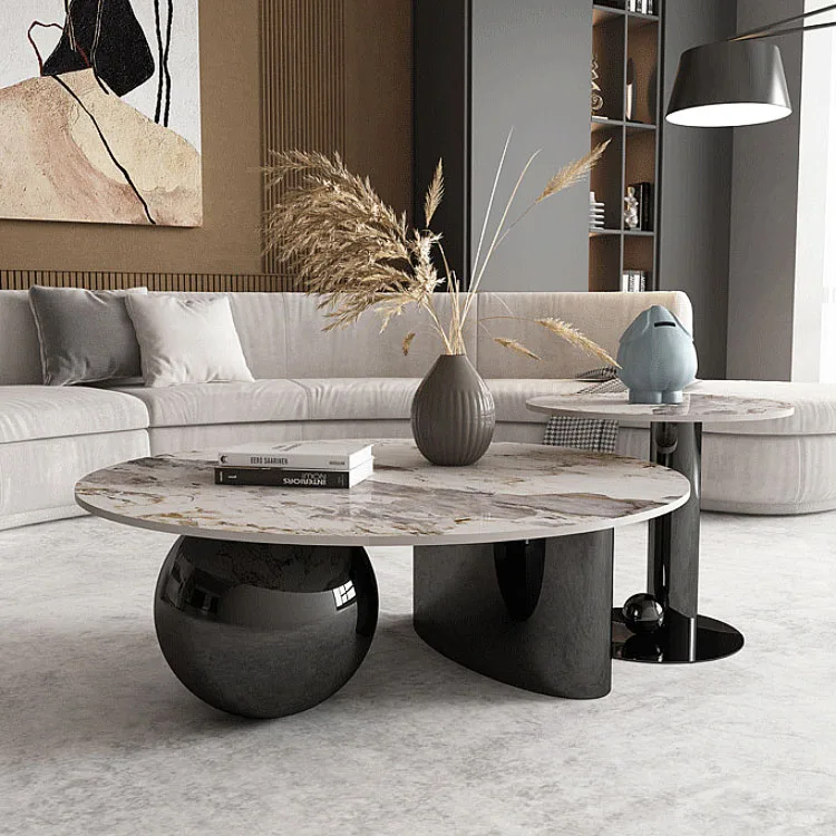Italian Design Living Room Coffee Table Modern Black Base Round Table Set Round Tables Luxury Sintered Stone Top