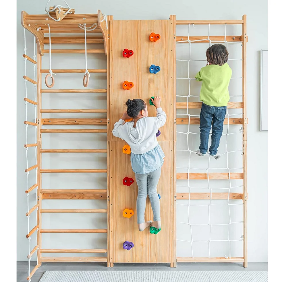 9-in-1 Ladder Wall Gym Set Trapeze Rock Wall Climber Montessori Climbing Equipment With Slide Pull-up Bar Ladder and Swing