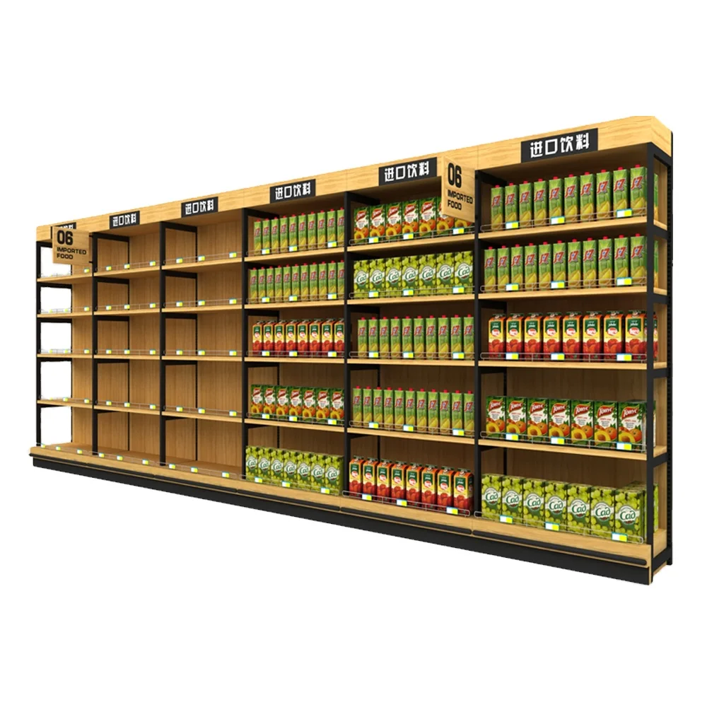 wood supermarket floor gondola shelving/ display shelf for drinks