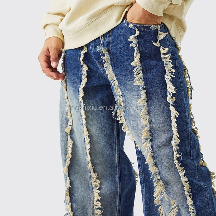 New Arrival Street Style Casual Plain Loose Oversized Antique Wash Cotton Denim Jeans Baggy Frayed Edge Jeans