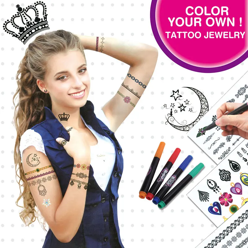 Coloring Tattoo Kit Face Painting with 4 Tattoo Pens Gem Sticker DIY Art And Craft Tattoo Marker For Kids