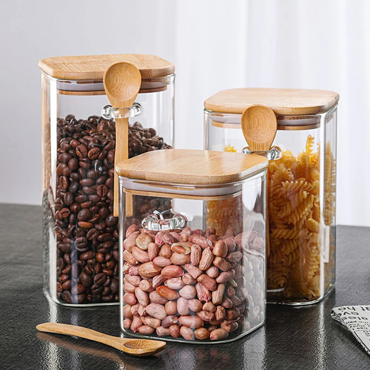 Hot Selling Wholesale Price Available Different Sizes Square Glass Jar With Bamboo Lid Spoon