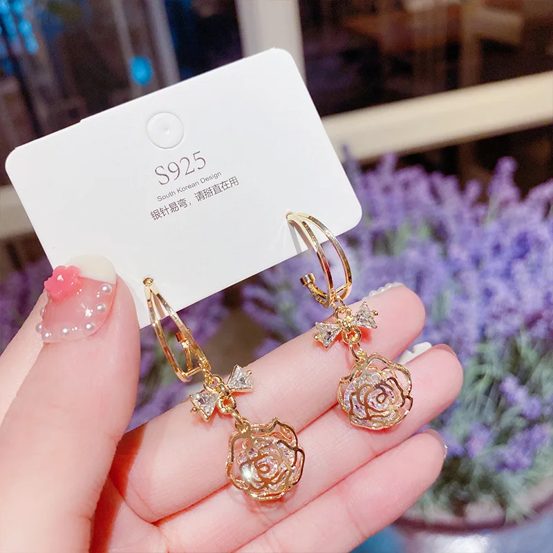Hollow Stud Rose Crystal Earrings 2021 New Fashion Super Flash Advanced Atmospheric Bow Earrings