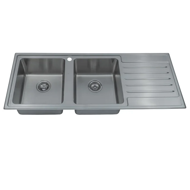 high quality 304 stainless steel double bowl brushed rectangle with faucet hole draining board top mount kitchen sink #LDB1250