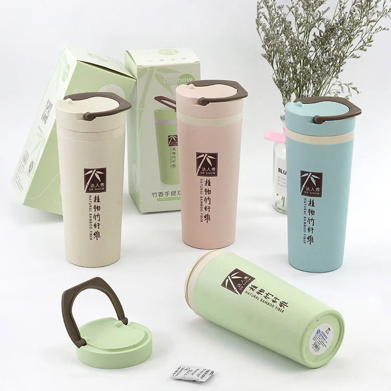 Reusable bamboo fiber cup biodegradable 450ml double layer wheat straw water bottle