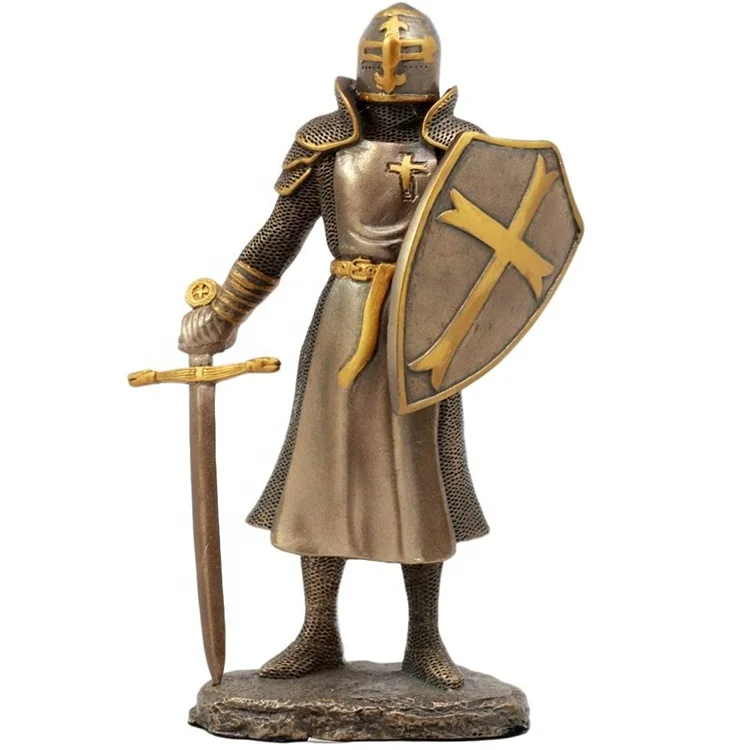 Bronzed Crusader Knight Figurine Resin,  Medieval Royal Suit of Polyresin Armor Knight