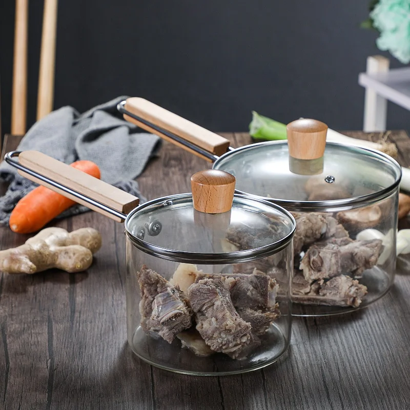 Transparent borosilicate pyrex glass cooking pot glass soup pots with wooden handle
