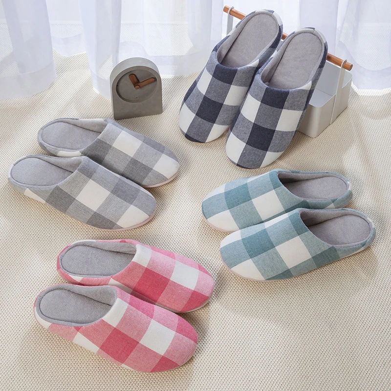 Plaid Pattern Indoor Soft Indoor Platform Skid Proof Fleece Home Slippers For Man Woman