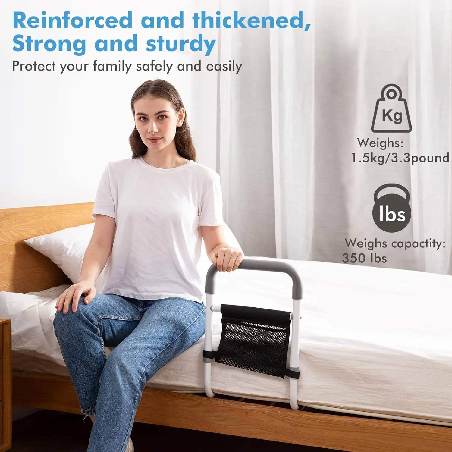 Bed Rails for Elderly Adults Safety Height Adjustable Bed Assist Rail for Seniors Bedside Grab Bar with Storage Pocket