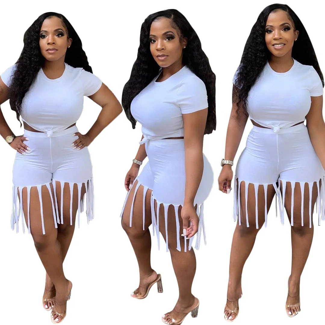 
QC-S390115 2021 new arrivals summer set women two piece shorts and crop top solid breathable long tassels biker short set women 