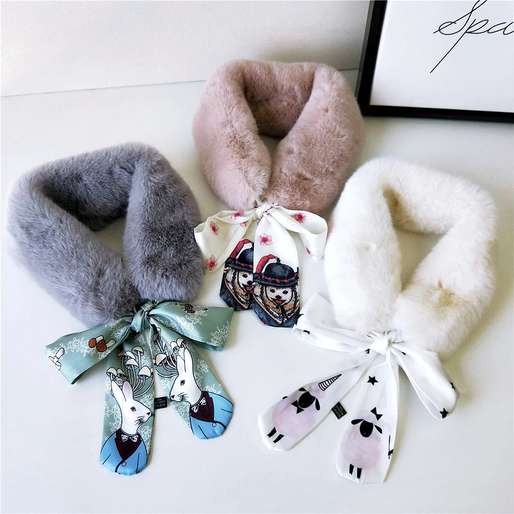 Women Girls Knitted Warm Faux Rabbit Fur Scarves Mufflers Neck Warmer Plush Scarf Collar