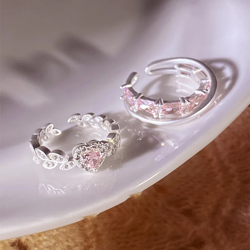 Color Diamond Promise Hollow Heart Shape Engagement Rings Pink Heart Zirconia Finger Rings For Lovers Bridal Jewelry