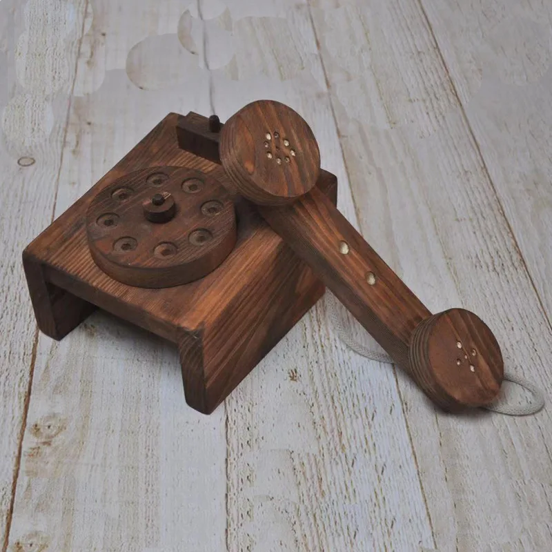Wood Desk Telephone Photography Props Baby Photo Session Wooden Toy Mini Phone Pretend Playtime Old Style Wooden Telephone